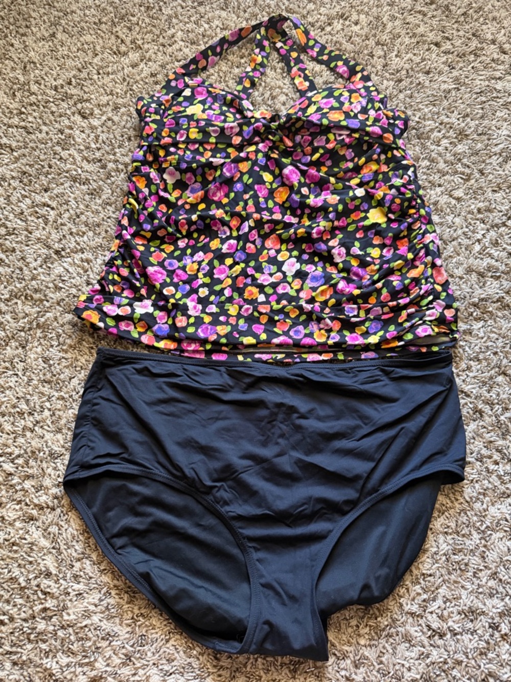 Anne Cole Black Floral Tankini with Black Bottoms